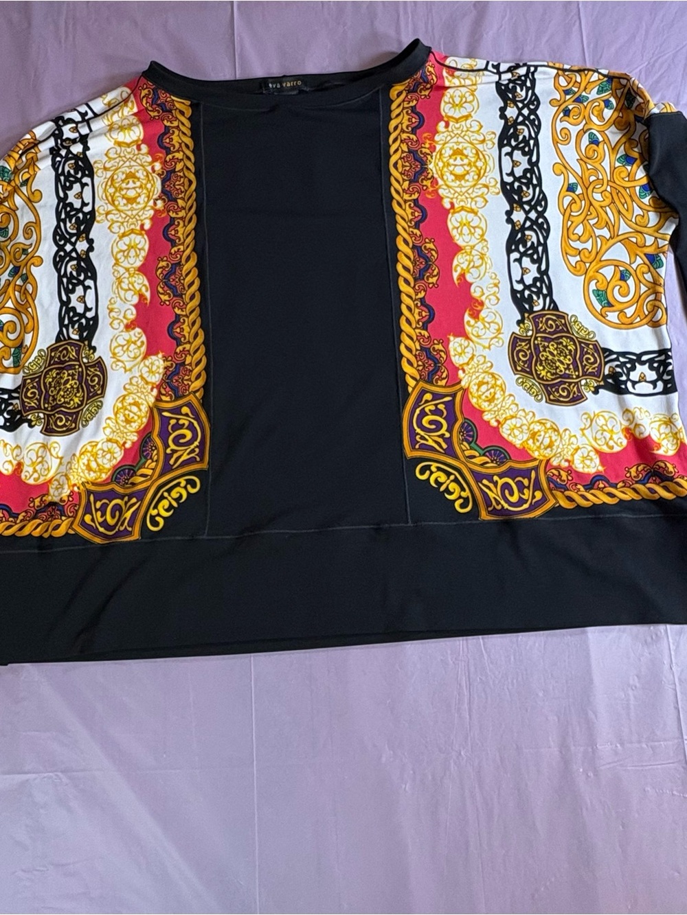eva varro Black Top with Gold and Red Baroque Print Panels
